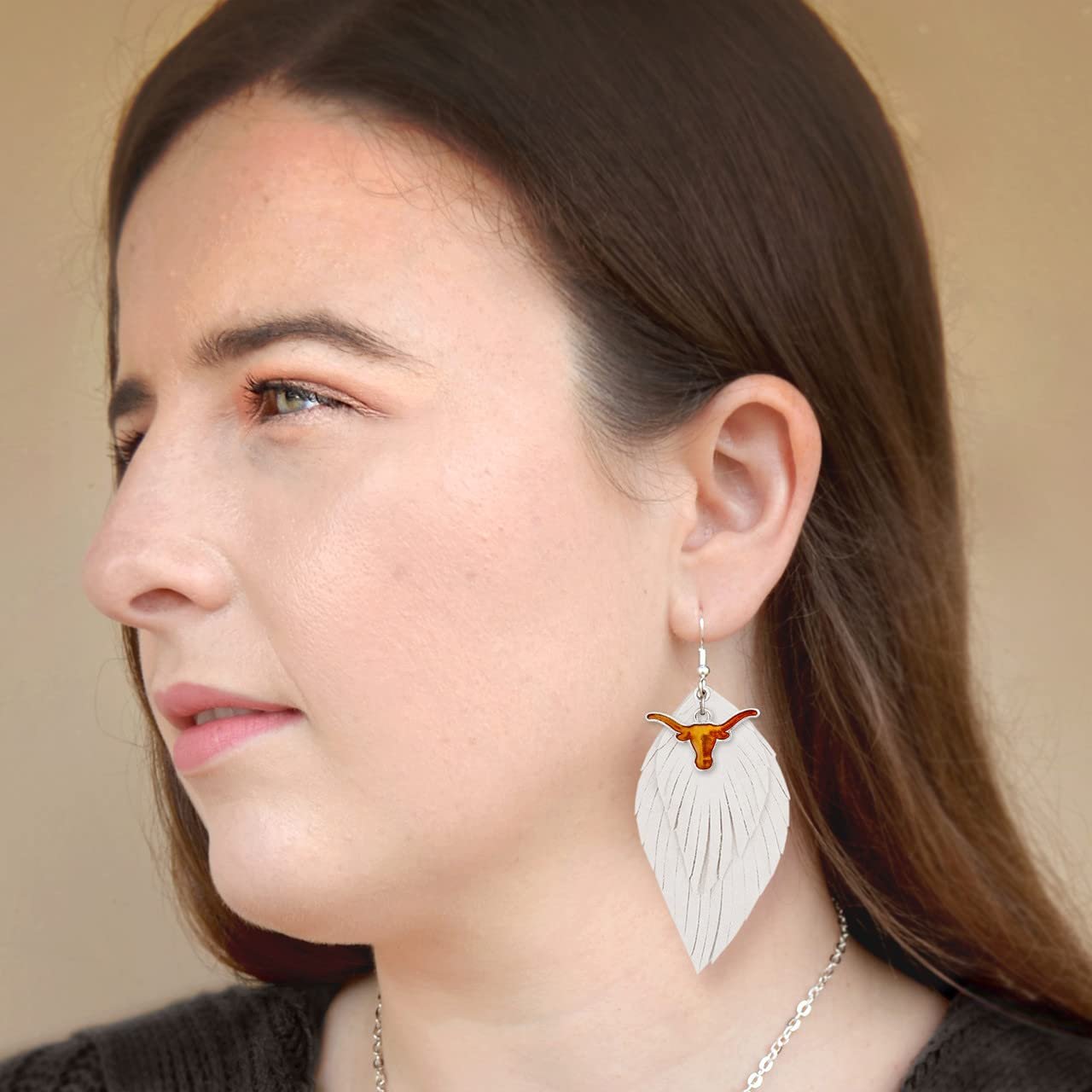 Texas Longhorns White Burnt Orange Boho Leather Feather Wire Earrings Jewelry Gift UT