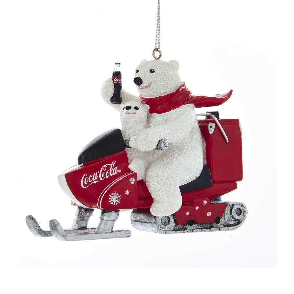 Kurt Adler Coca-Cola Polar Bear With Cub Riding Snow Mobile Ornament for Christmas