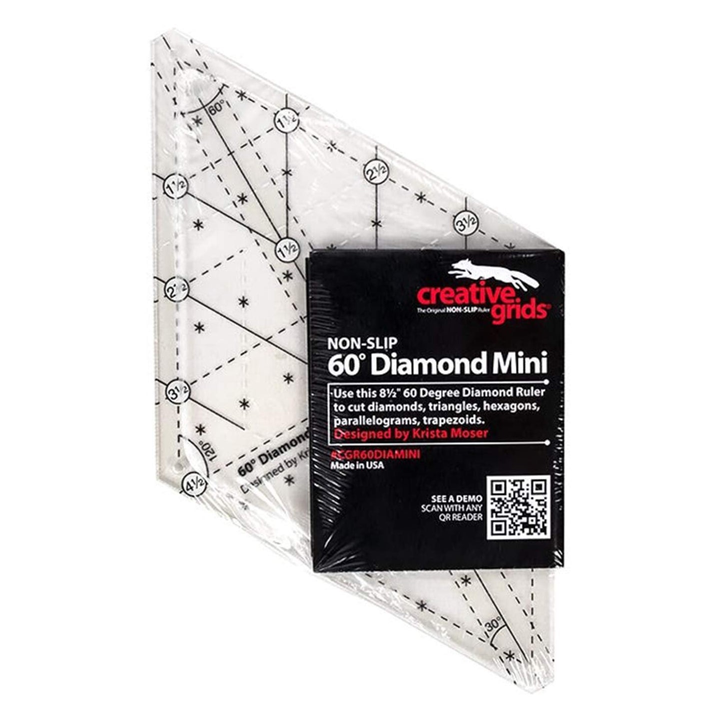 Creative Grids 60 Degree Mini Diamond Ruler – CGR60DIAMINI – Made in USA, Non-Slip Grip Acrylic Quilting, Sewing, Crafting, Patchwork Ruler & Template