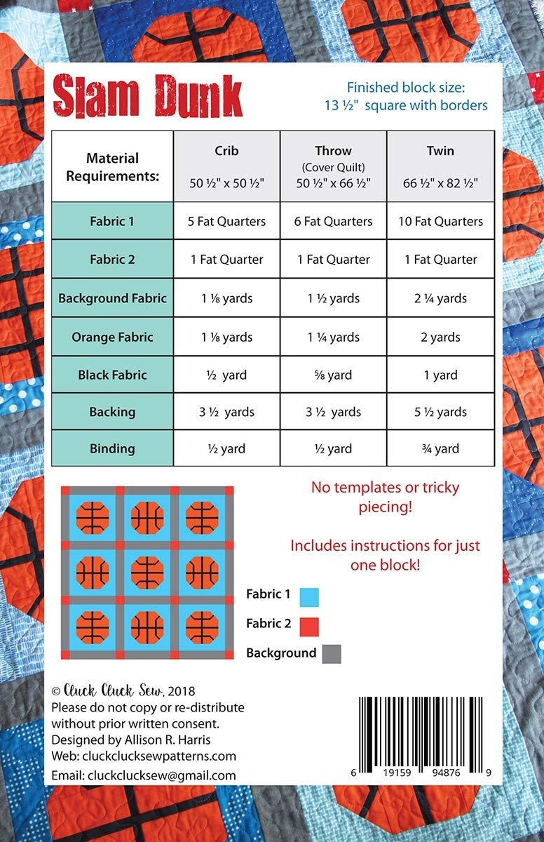 cluck cluck sew Slam Dunk Basketball Quilt Pattern Three Sizes #176