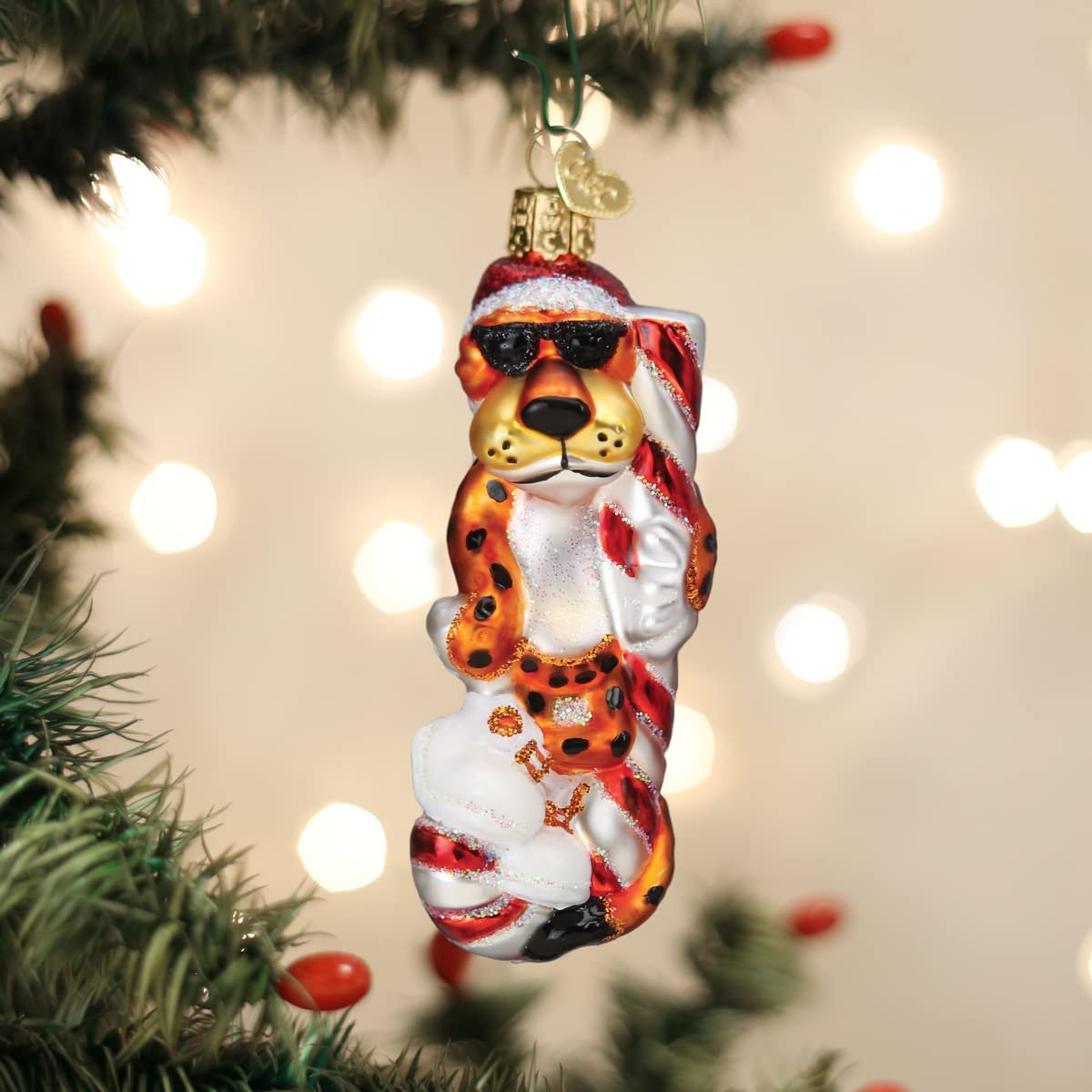 Old World Christmas Chester Cheetah On Candy Cane Glass Blown Ornament for Christmas Tree