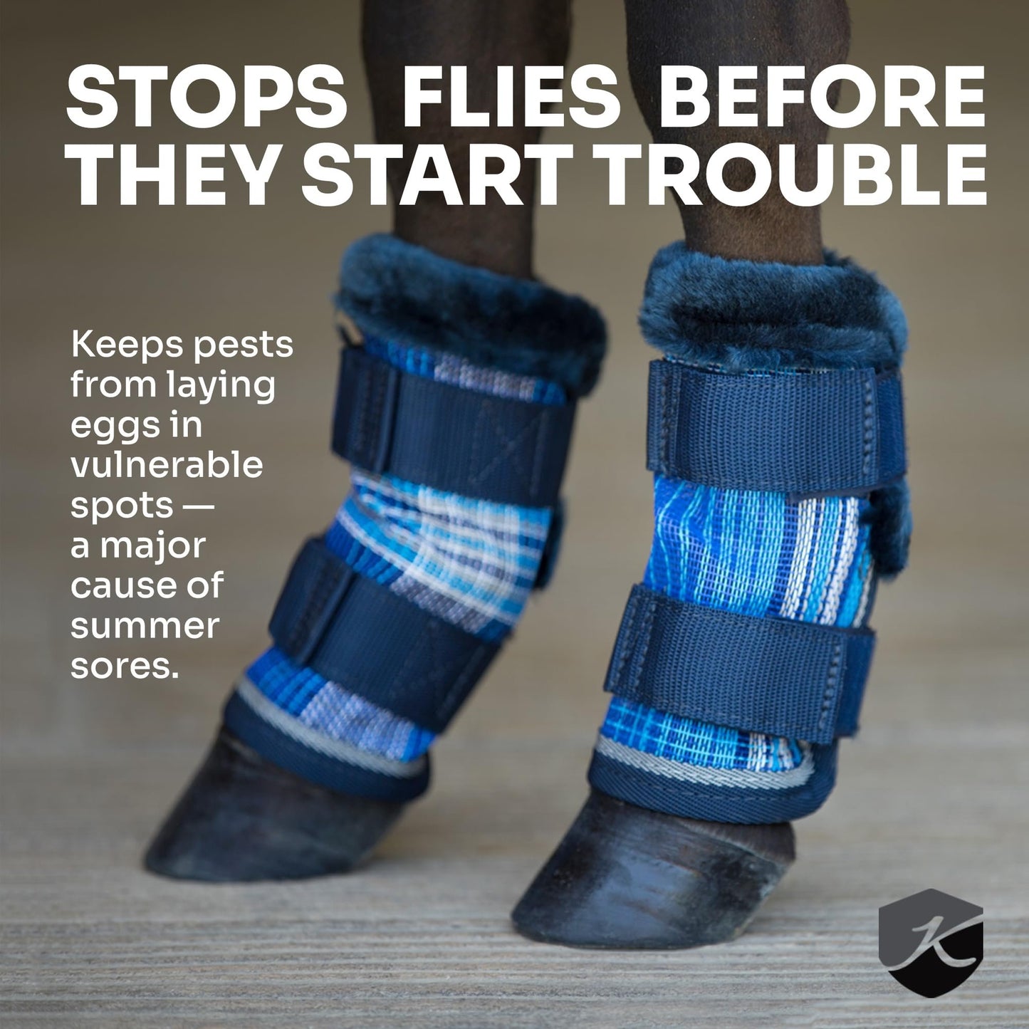 Kensington Natural Horse Fly Boots - Fleece Trimmed - Stay-Up Technology - Protection from Insect Bites and UV Rays - Sold in Pairs (2 Boots) - Medium - Tan