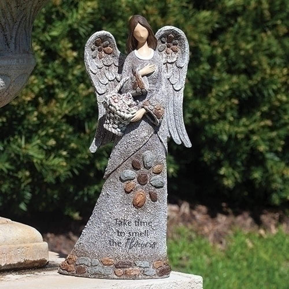 Roman 14-inch High Angel with Basket Pebble Garden Statue
