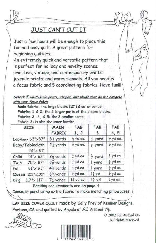 Just Can't Cut Quilt Pattern, For Large & Scenic Prints and Panels, 7 Size Options