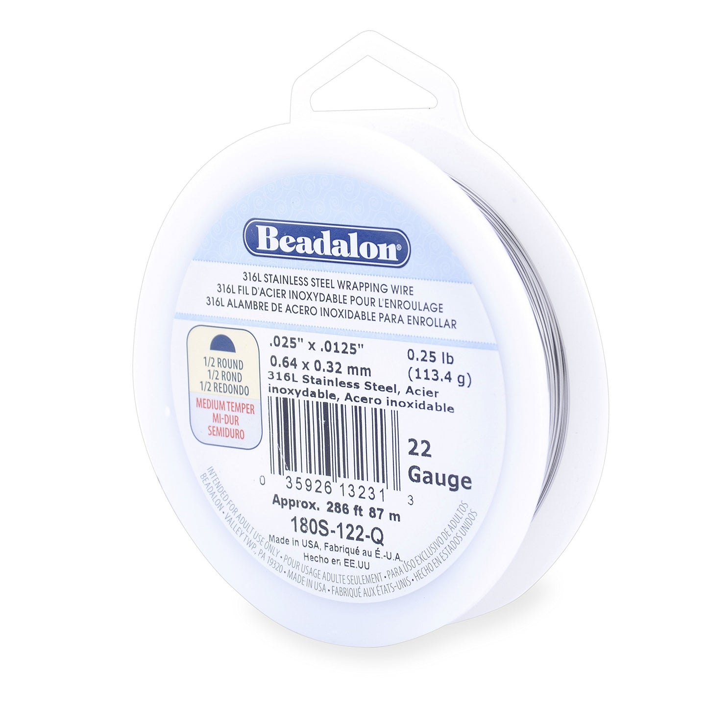 Beadalon 316L Stainless Steel Wrapping Wire, Half Round, 22 Gauge, 286 feet, 1/4 Pound