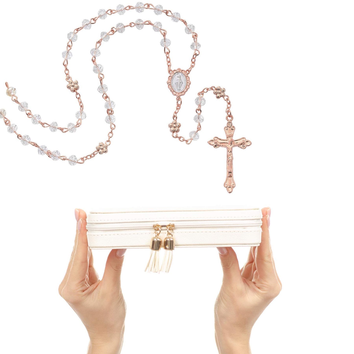McVan Rose Gold Toned Catholic Rosary with Miraculous Medal Centerpiece, Religious Gift for Girls