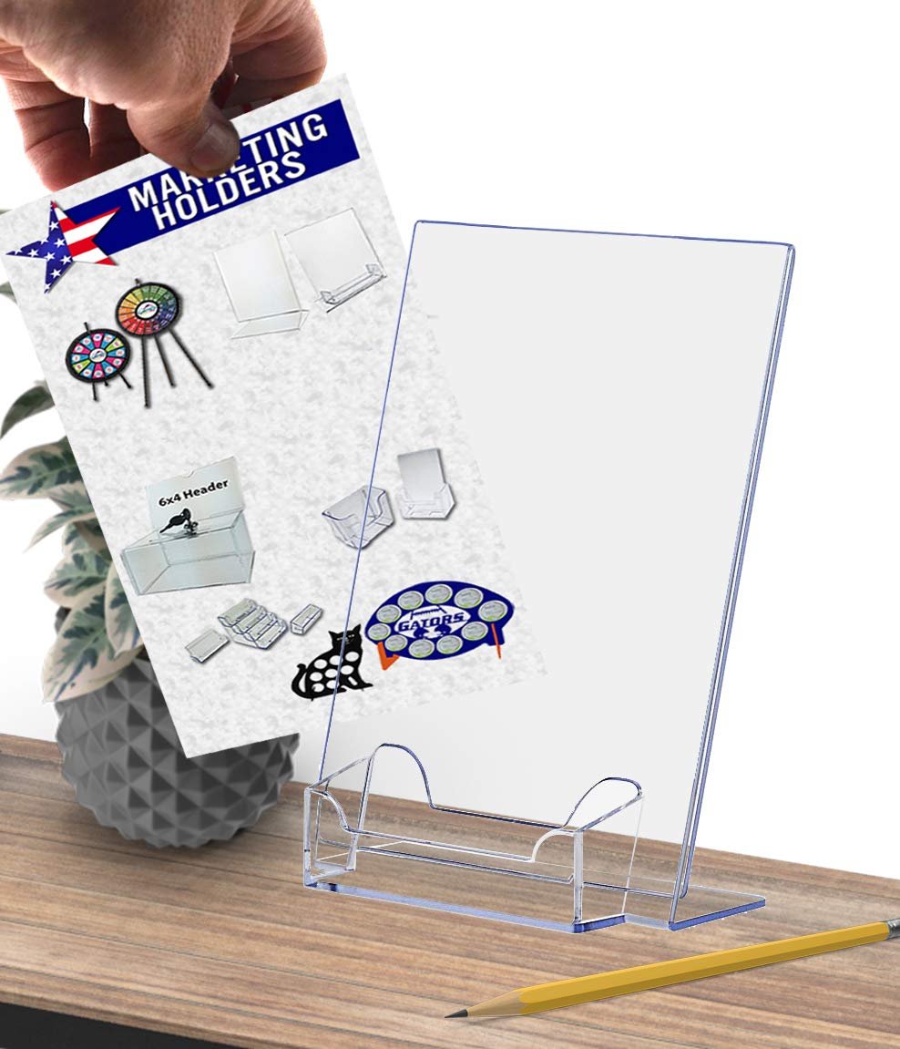 Marketing Holders 60 Pack Acrylic Sign Holder 5" x 7" with 3.5" x 2" Business Card Pocket Slant Back Side Load Clear Literature Table Tent for Job Fairs Tradeshows Expos and Conventions
