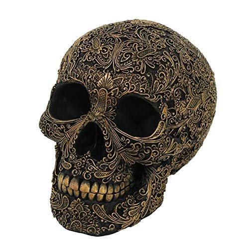 Pacific Giftware Black Carved Skull with Gold Flower Arrangement Outlines Resin Figurine Home Decor Statue