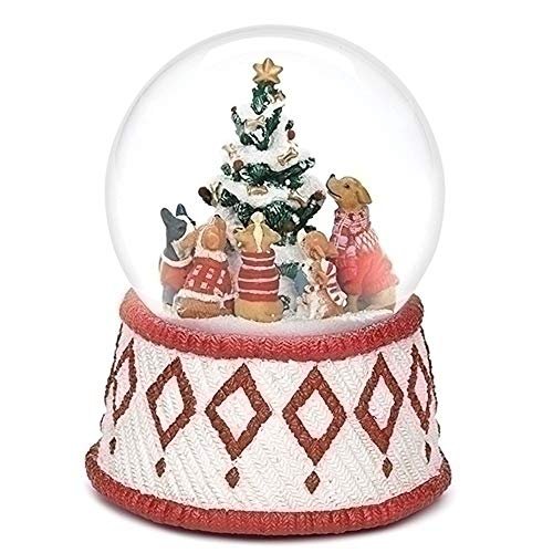 Roman 100MM 6" Musical Christmas Snow Globe with Dogs Around a Christmas Tree – Plays “O Christmas Tree” – Glitterdome Tabletop Holiday Décor