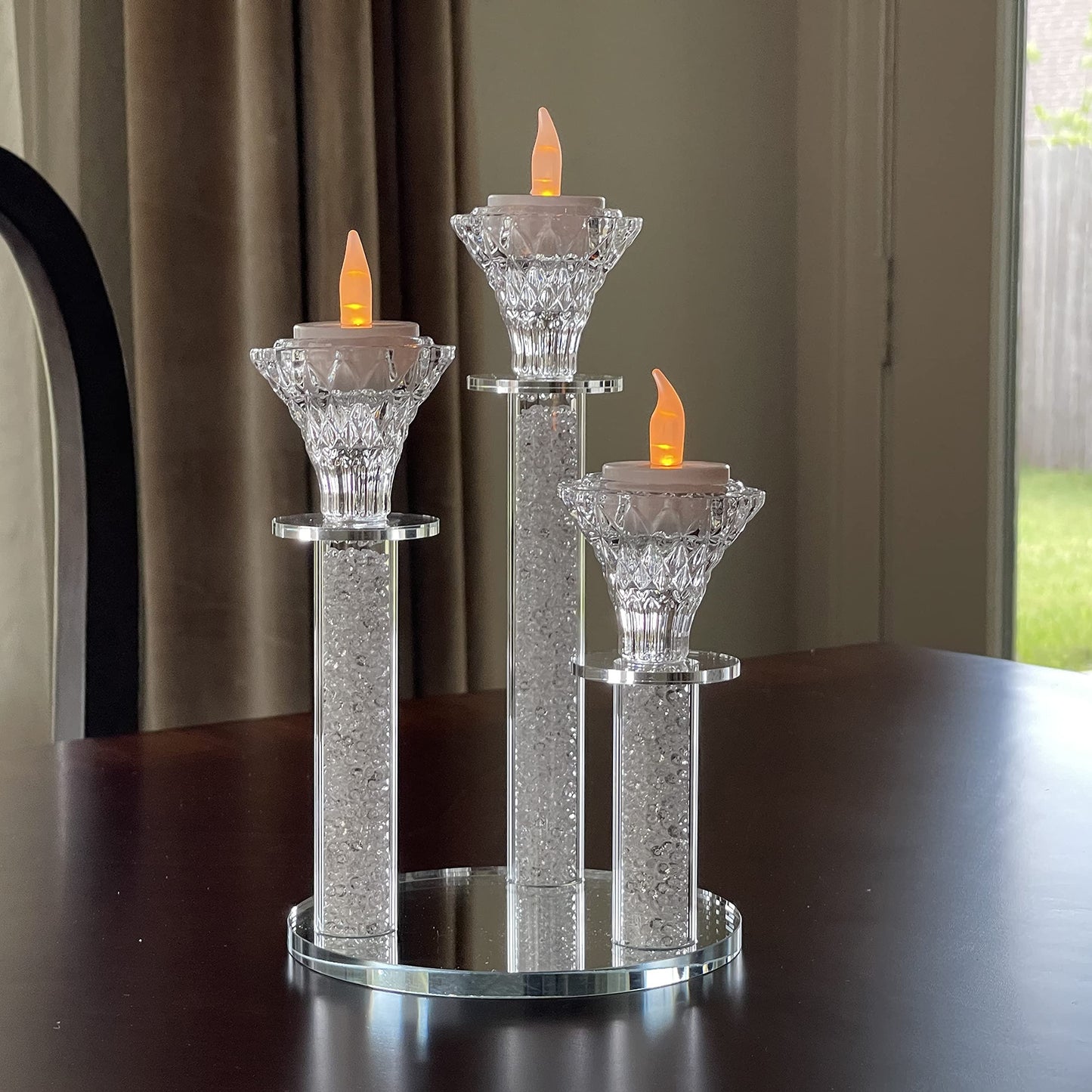 Allgala 9 Inch Tall 3-Pillar Filled with Diamond Like Stone Filled Crystal Candlesticks with Mirror Base