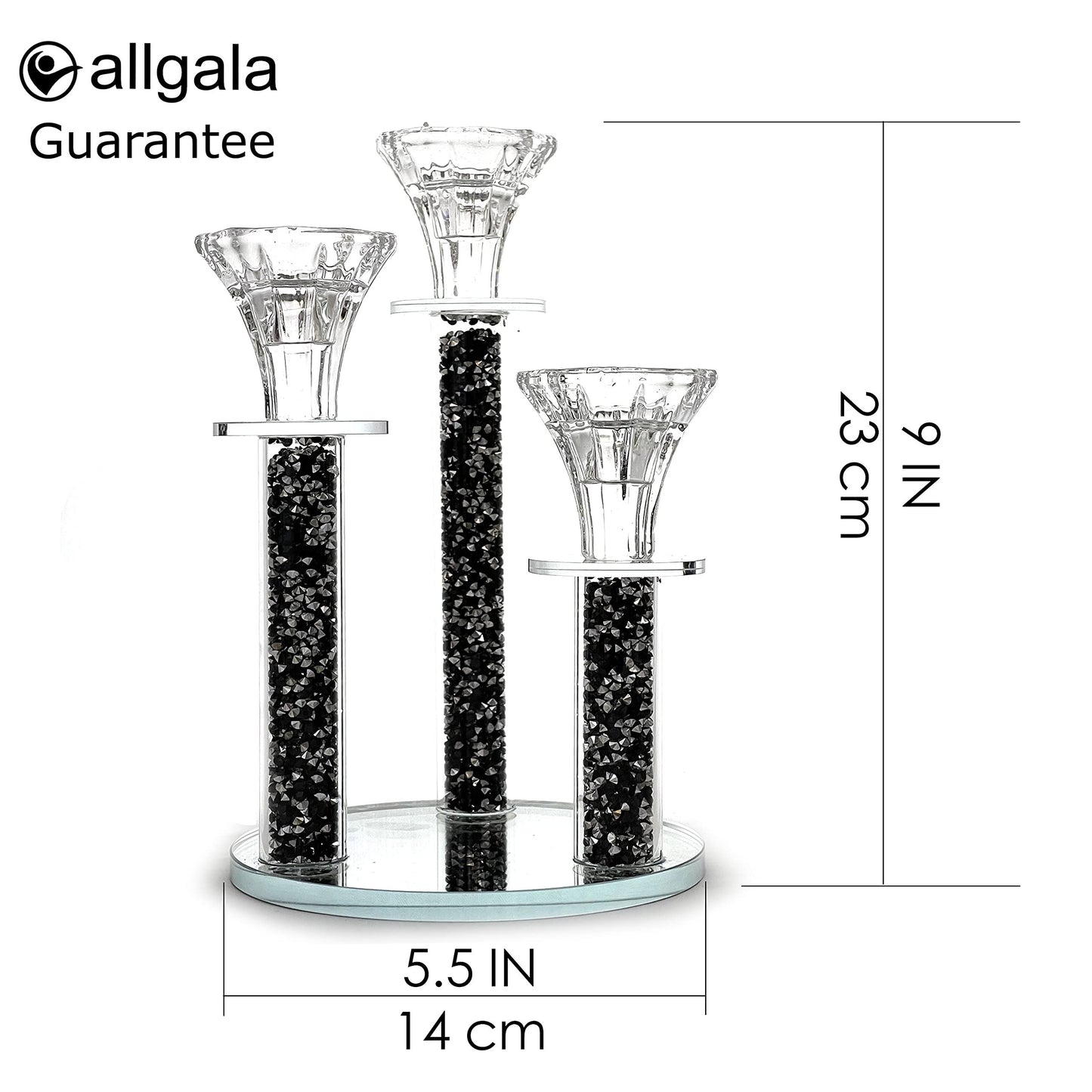 Allgala 9 Inch Tall 3-Pillar Filled with Diamond Like Stone Filled Crystal Candlesticks with Mirror Base