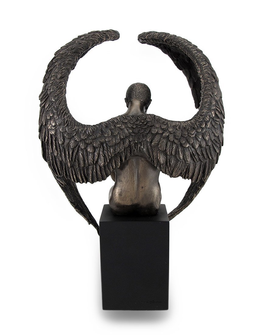 Unicorn Studios Bronze Finished Pensive Male Angel Statue On Black Base
