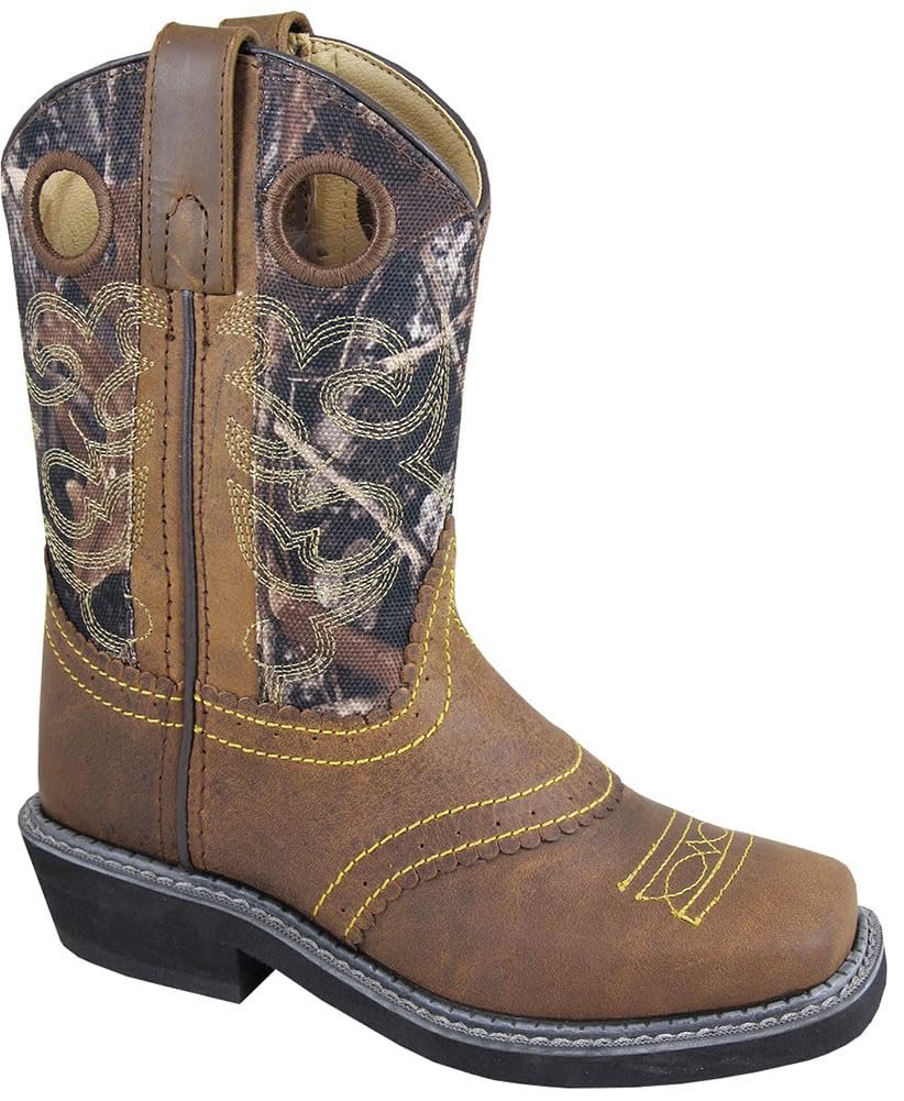 Smoky Children's Kid's Brown Oil Distress and Camo Square Toe Western Cowboy Boot