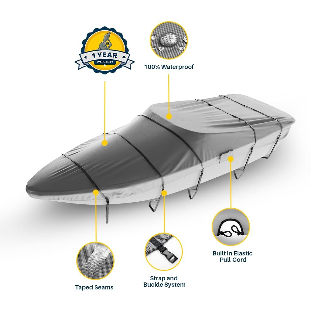 Seal Skin Covers Trailerable Whaler Boat Cover, Heavy-Duty & Waterproof Cover Fits up to 13' L & 68" W, UV-Resistant, Secure Fit with Straps, Ideal for Boston Whaler, Carolina Skiff, Mako & Wellcraft