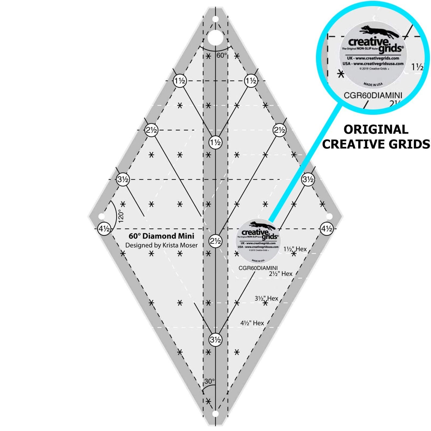 Creative Grids 60 Degree Mini Diamond Ruler – CGR60DIAMINI – Made in USA, Non-Slip Grip Acrylic Quilting, Sewing, Crafting, Patchwork Ruler & Template