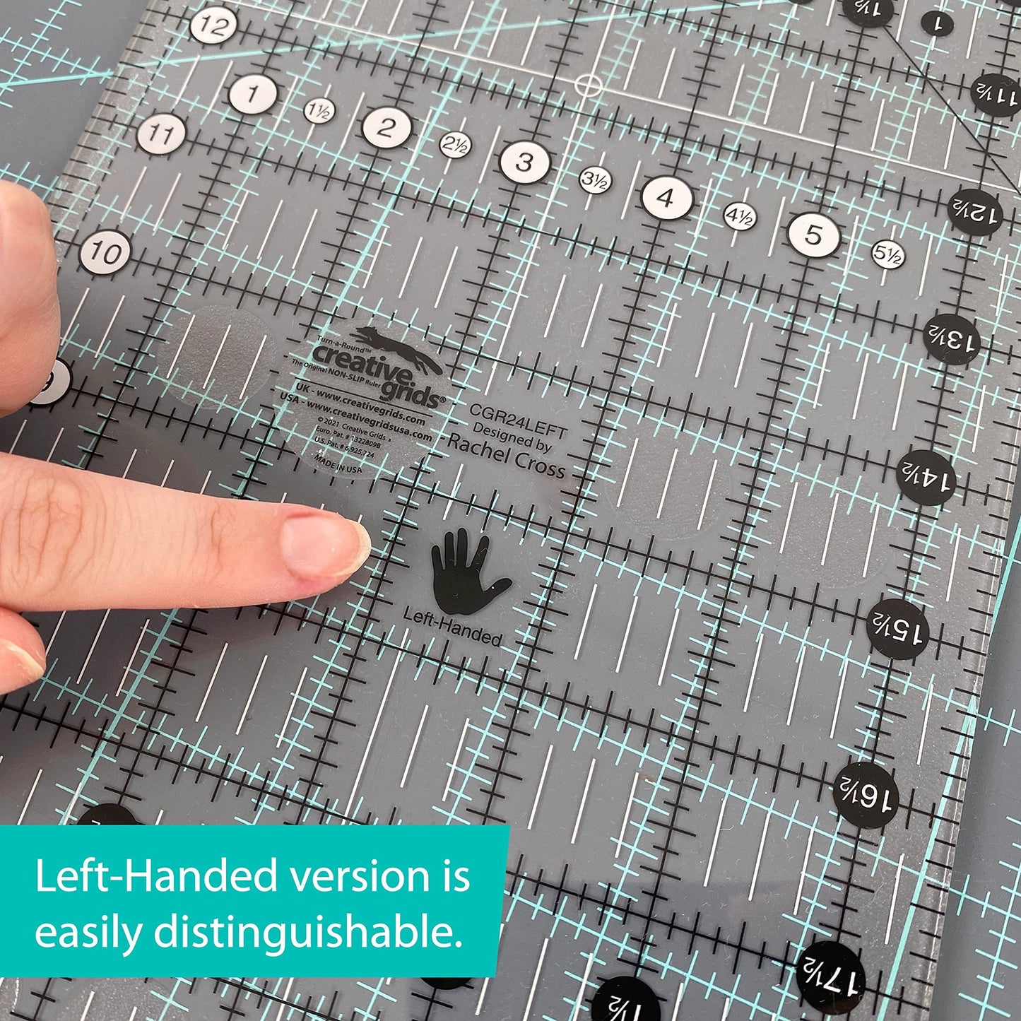 Creative Grids Quilt Ruler 6-1/2in x 24-1/2in Rectangle - CGR24LEFT – Made in USA, Non-Slip Grip Acrylic Quilting, Sewing, Crafting, Patchwork Ruler for Measuring & Cutting Fabric