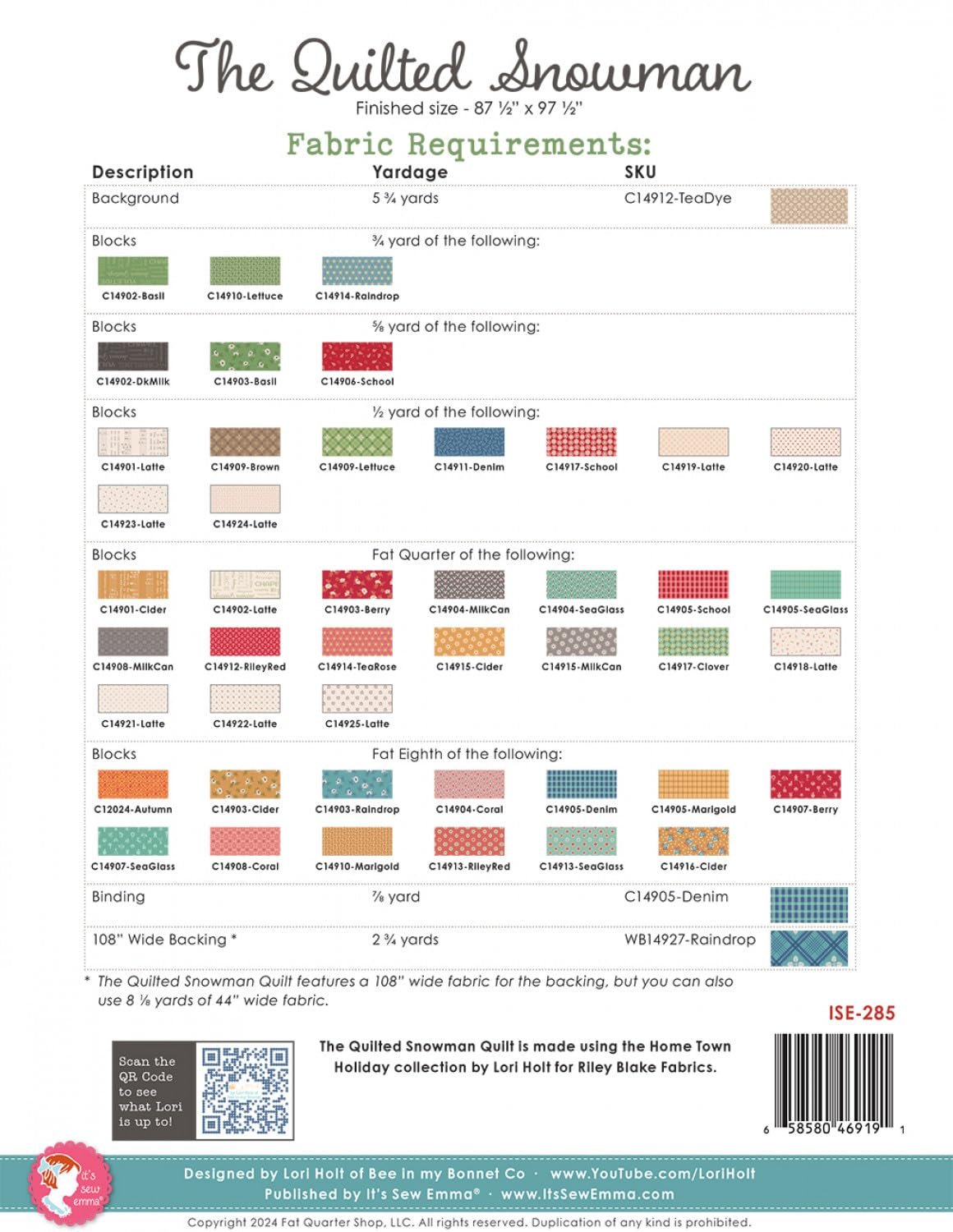 The Quilted Snowman Quilt Pattern by Lori Holt of Bee in my Bonnet and Its Sew Emma, ISE-285