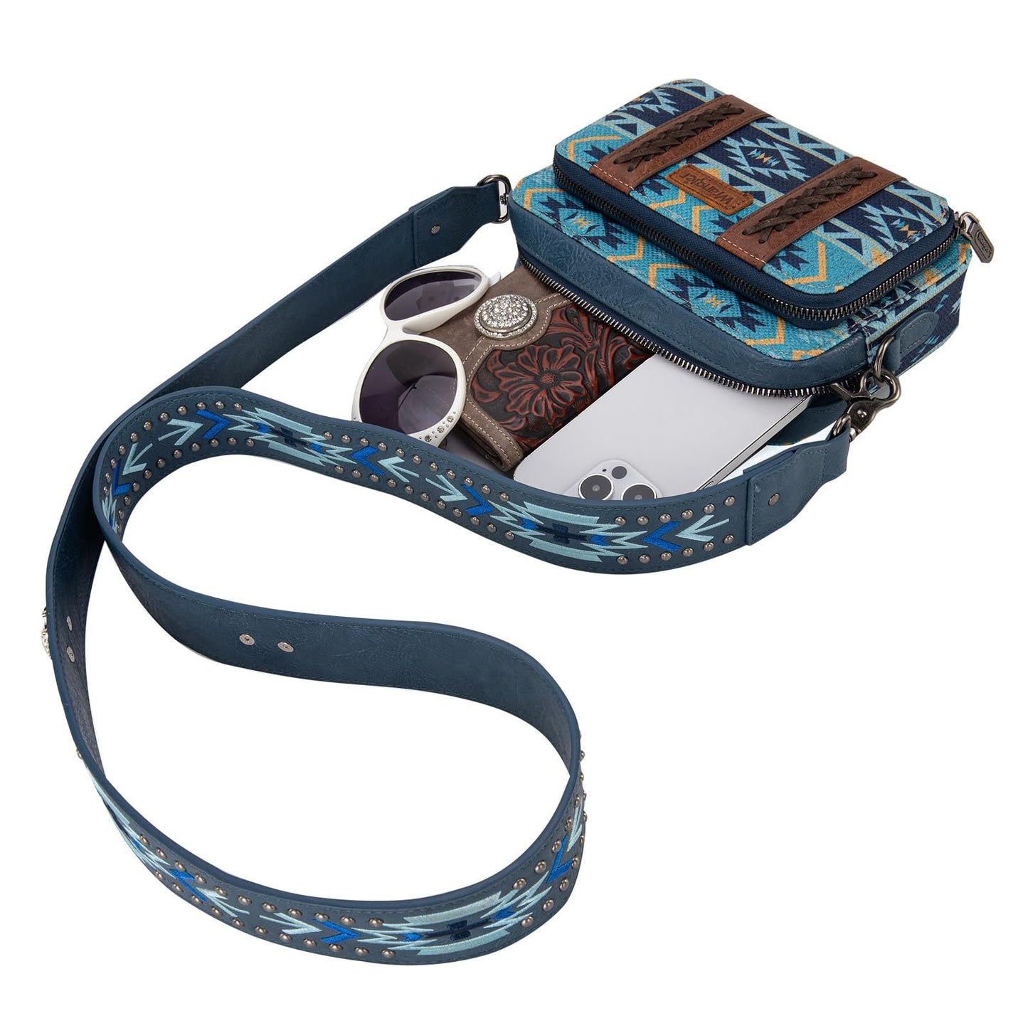 Wrangler Crossbody Bag for Women Boho Aztec Small Multi Pocket Crossover Purse