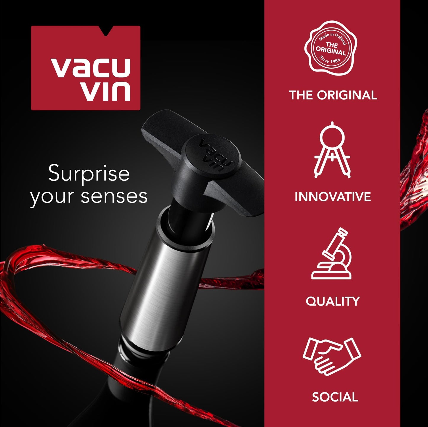 Vacu Vin Wine Saver Concerto - Black - Wine Stoppers for Bottles with Vacuum Pump - Reusable - Made in the Netherlands