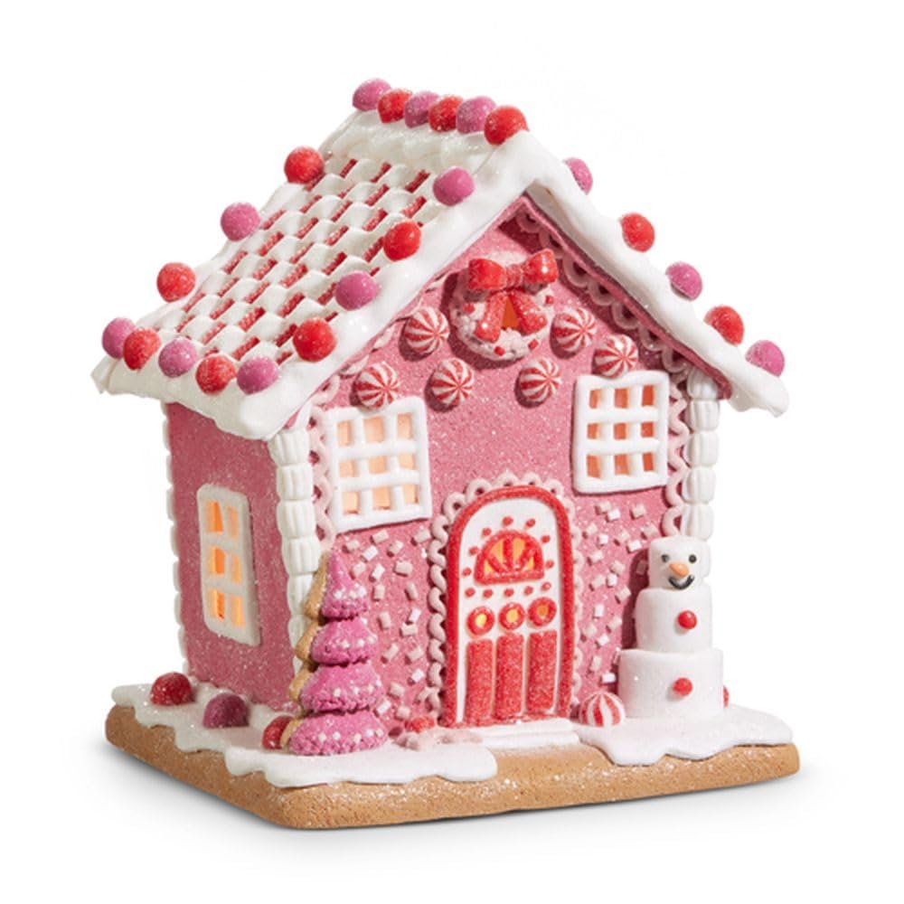 RAZ Imports Lighted Gingerbread House, 8.5-inch Height, Pink, Clay Dough, Christmas, Home Décor