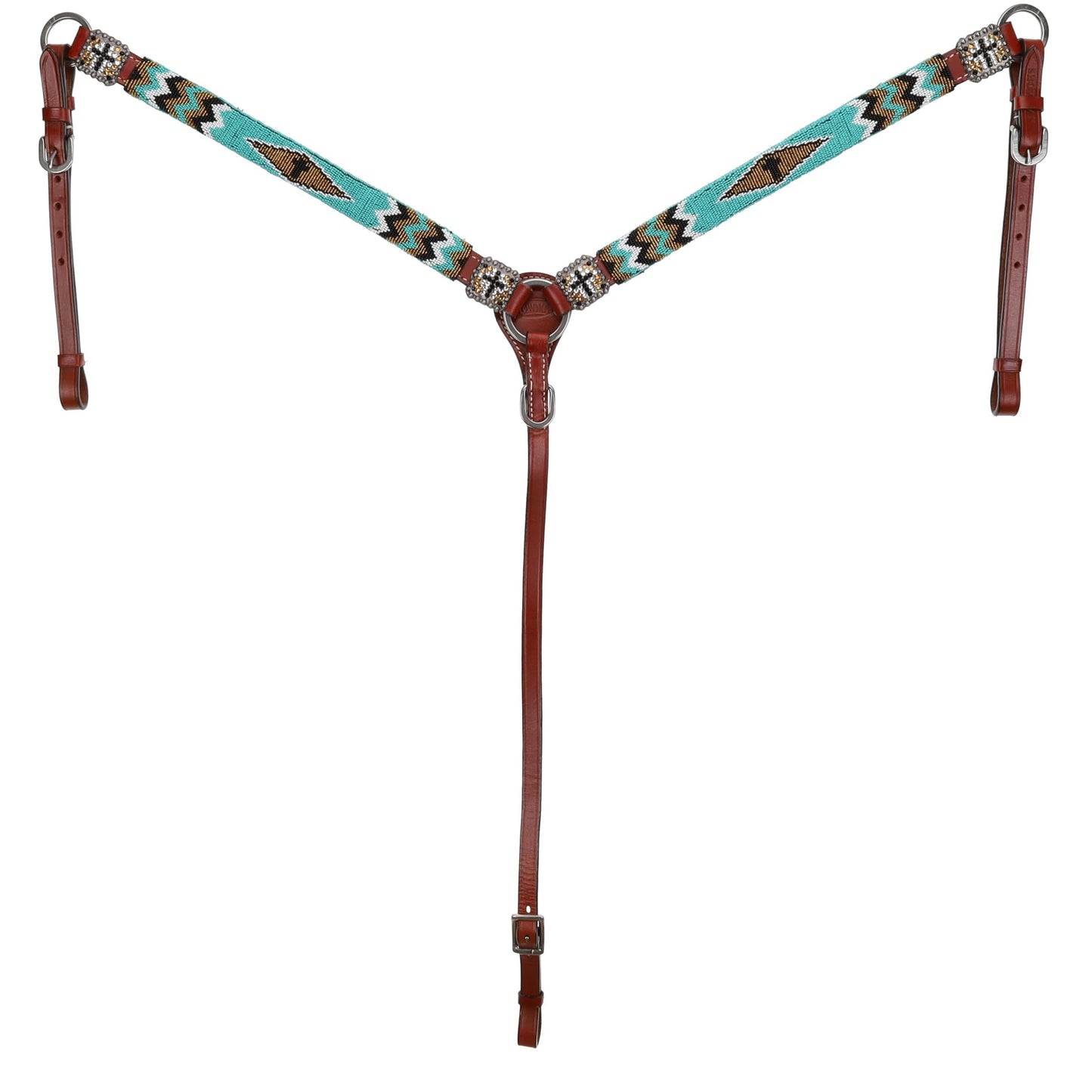 Showman Leather Headstall and Breast Collar Set with Teal, Gold & Black Beaded Overlay w Cross