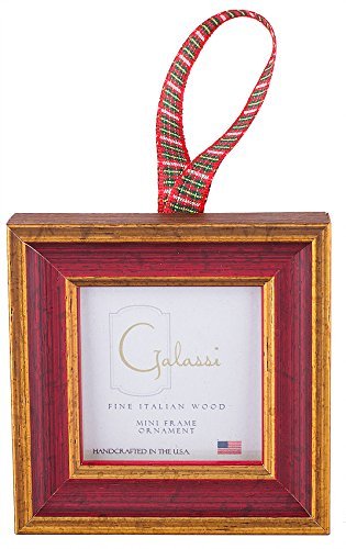 Galassi Fine Italian Wood Ornament Primary Red Traditional and Plaid Ribbon for 2x2 Photos