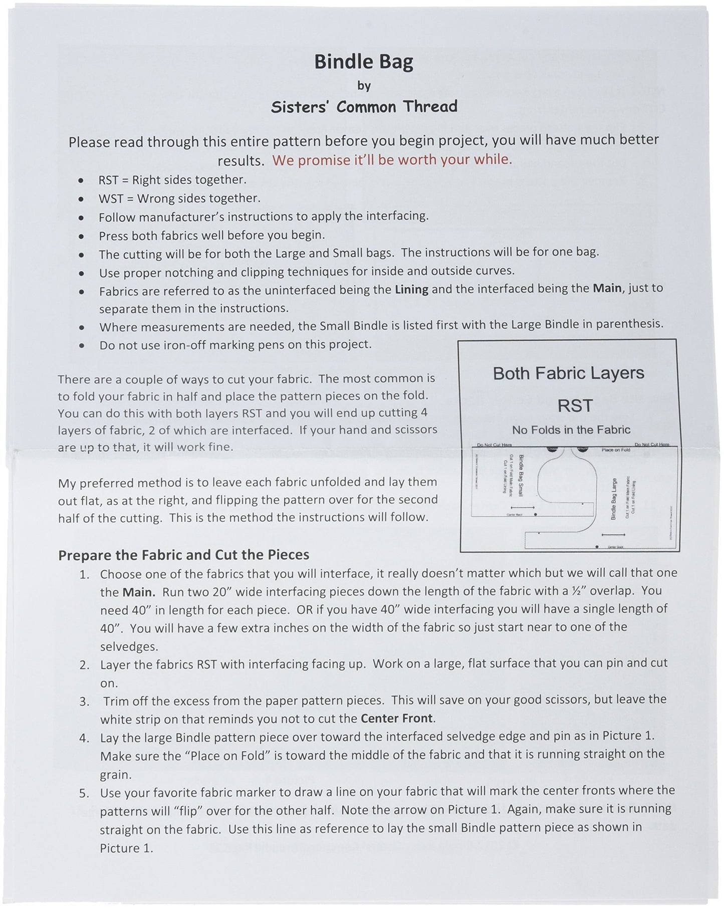 Sisters' Common Thread Bindle Bag Pattern