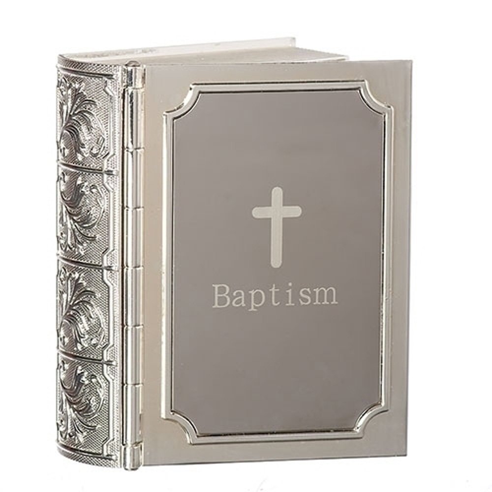 Baptism Bible Design With Cross Dark Silver Tone 3 x 3.5 Zinc Alloy Keepsake Box