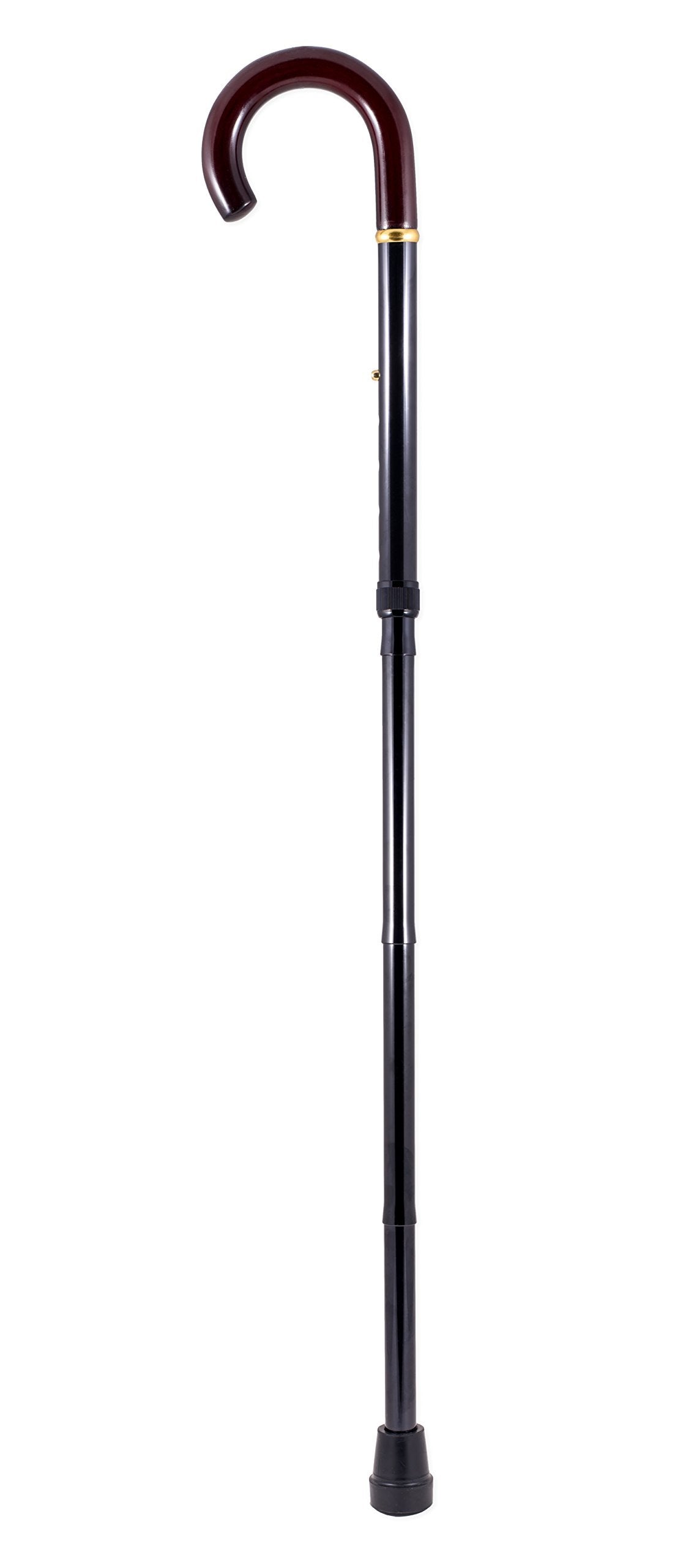 Unisex Black Aluminum Folding Adjustable Walking Cane with Brown Wood Crook Handle
