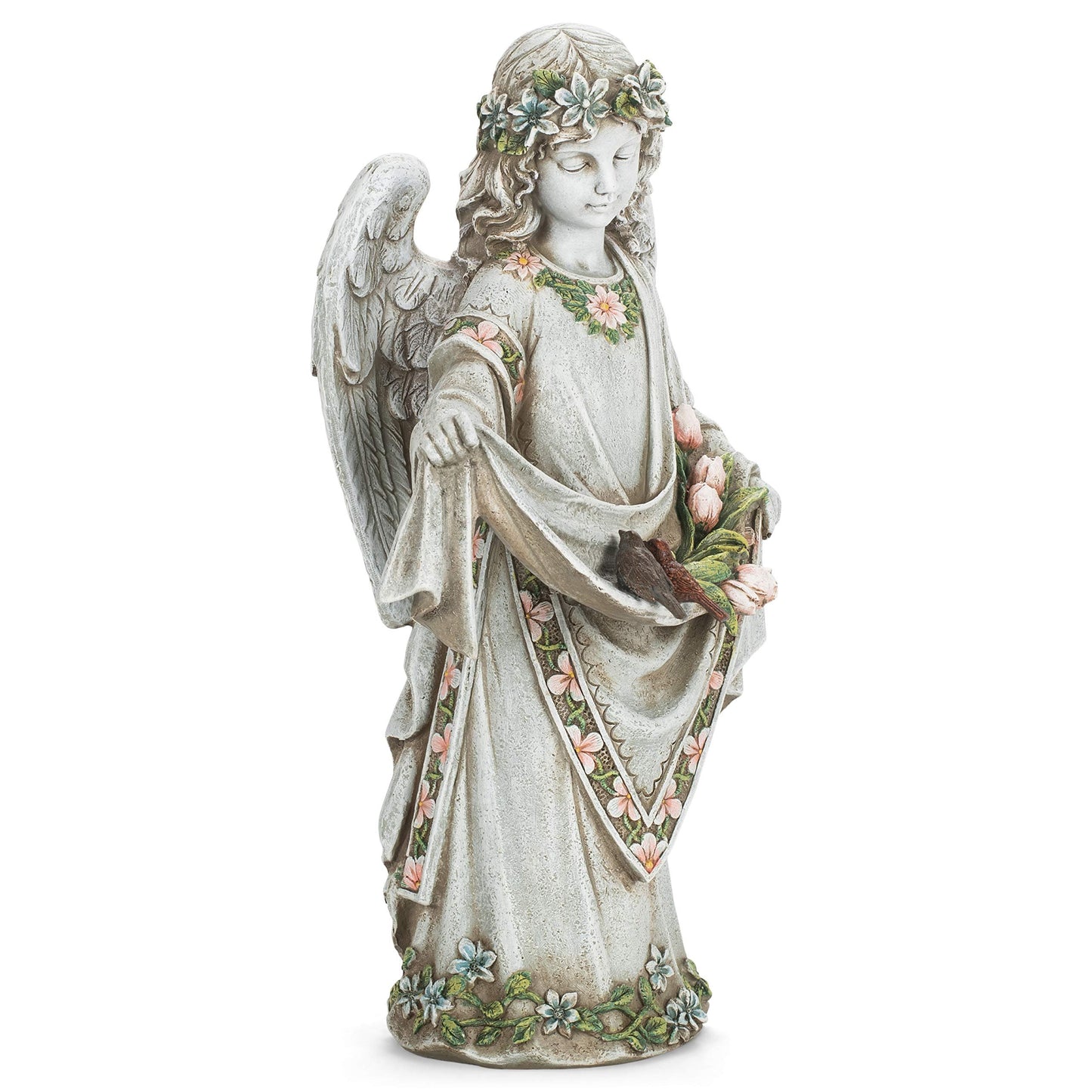 Roman Josephs Studio Inspirational Girl Angel Wearing Floral Trimmed Gown with Birds Garden Statue, 16.5-Inch