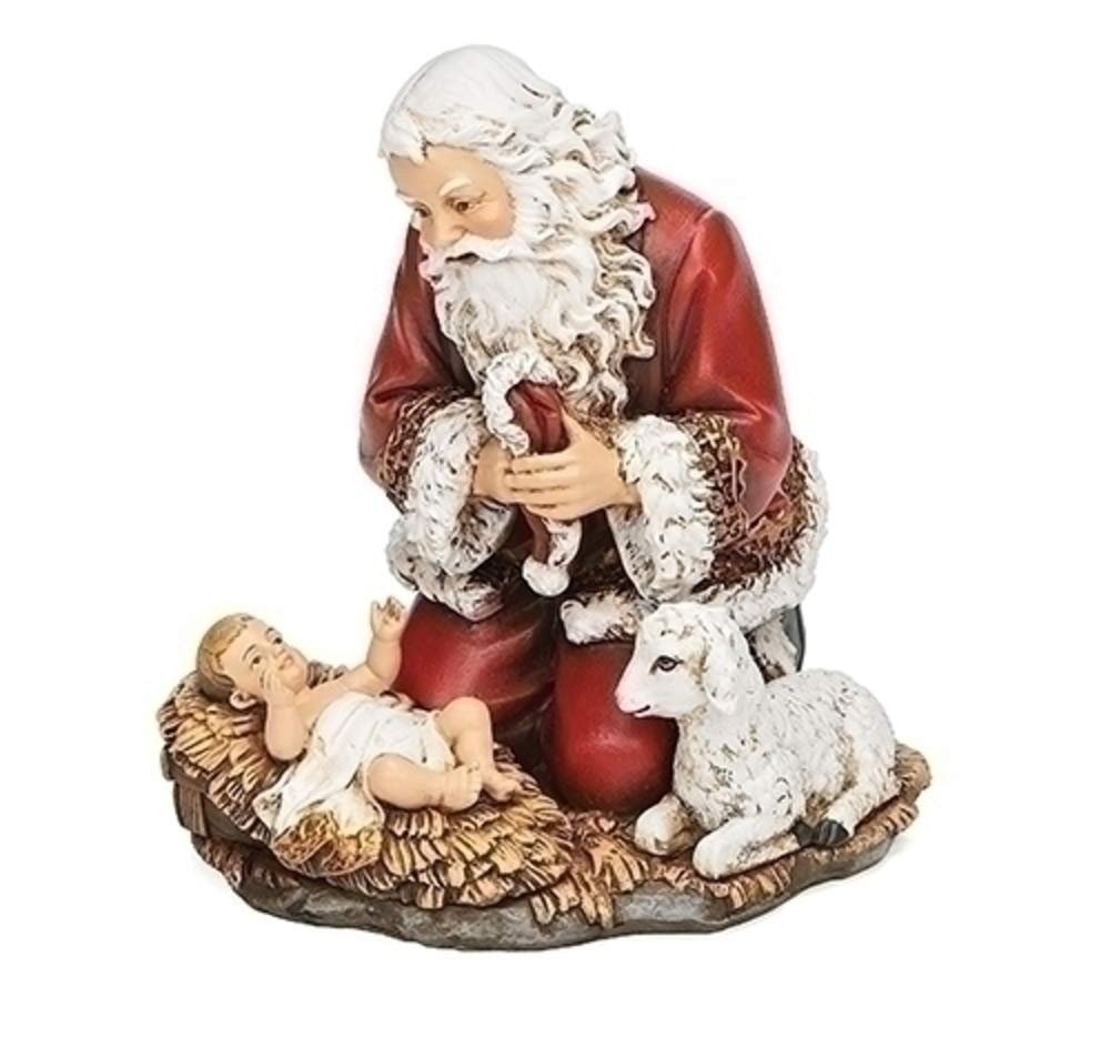 Roman 633312 Kneeling Santa Holding Hat with Baby and Lamb Figurine, 5 inch, Multicolor