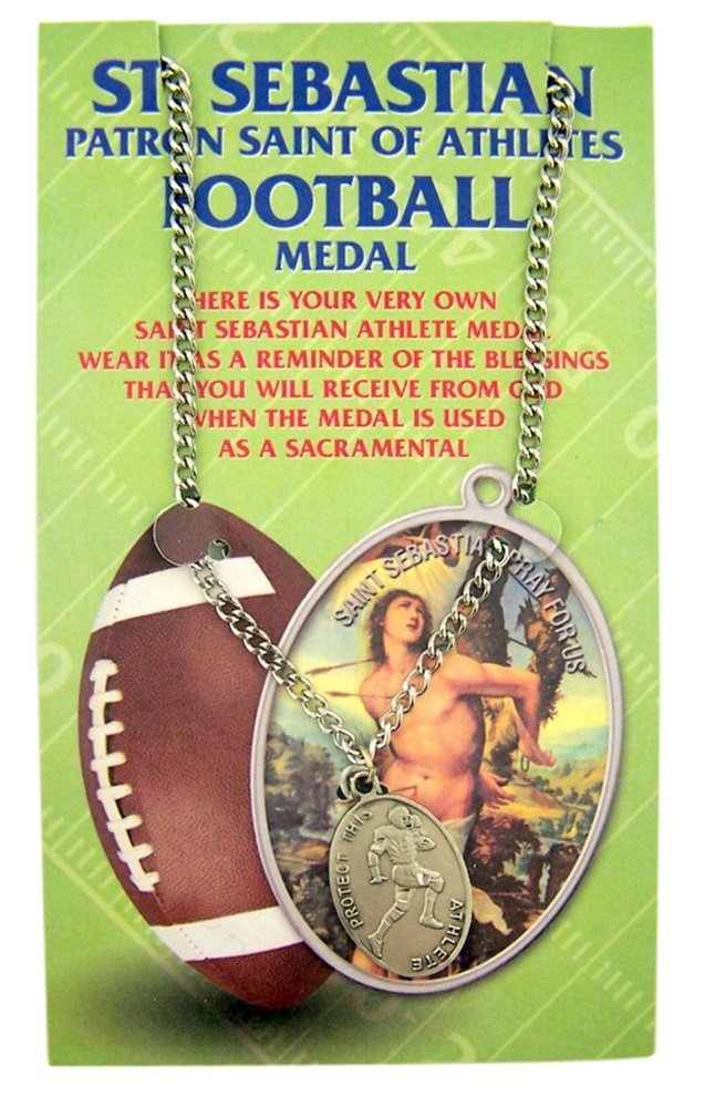 WJH Silver Tone Patron of Sports Saint Sebastian Football Athlete Medal, 1 Inch