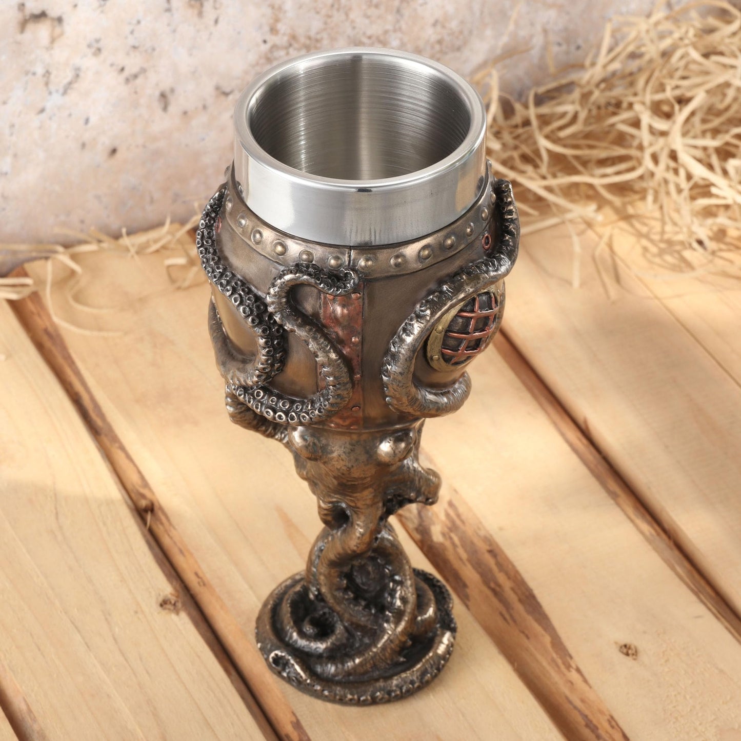 Veronese Design 7 1/2 Inch Steampunk Octopus Diving Bell Goblet Cold Cast Resin Bronze Finish Stainless Steel Cup (7 fl oz)