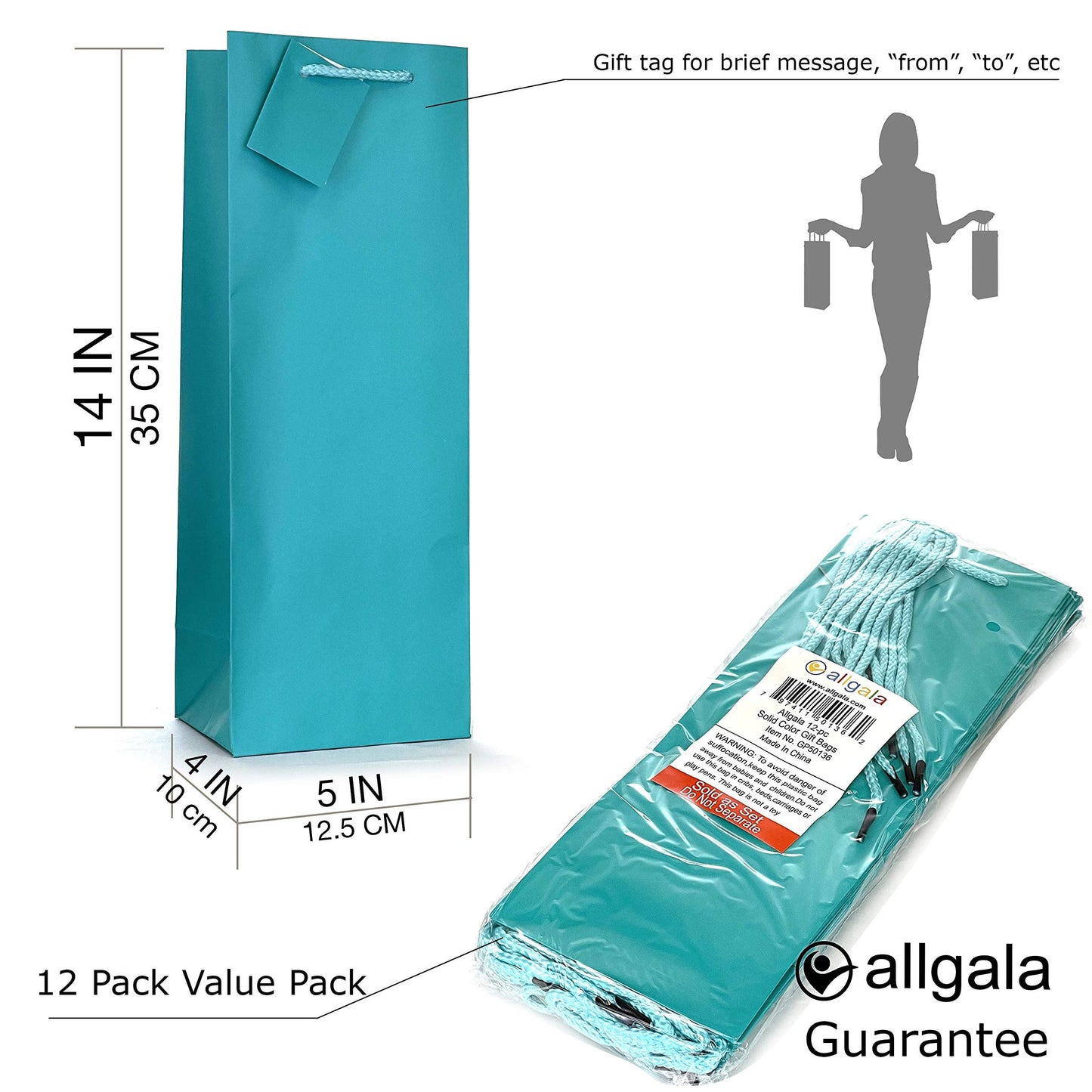 allgala 12PK Value Premium Solid Color Paper Gift Bags