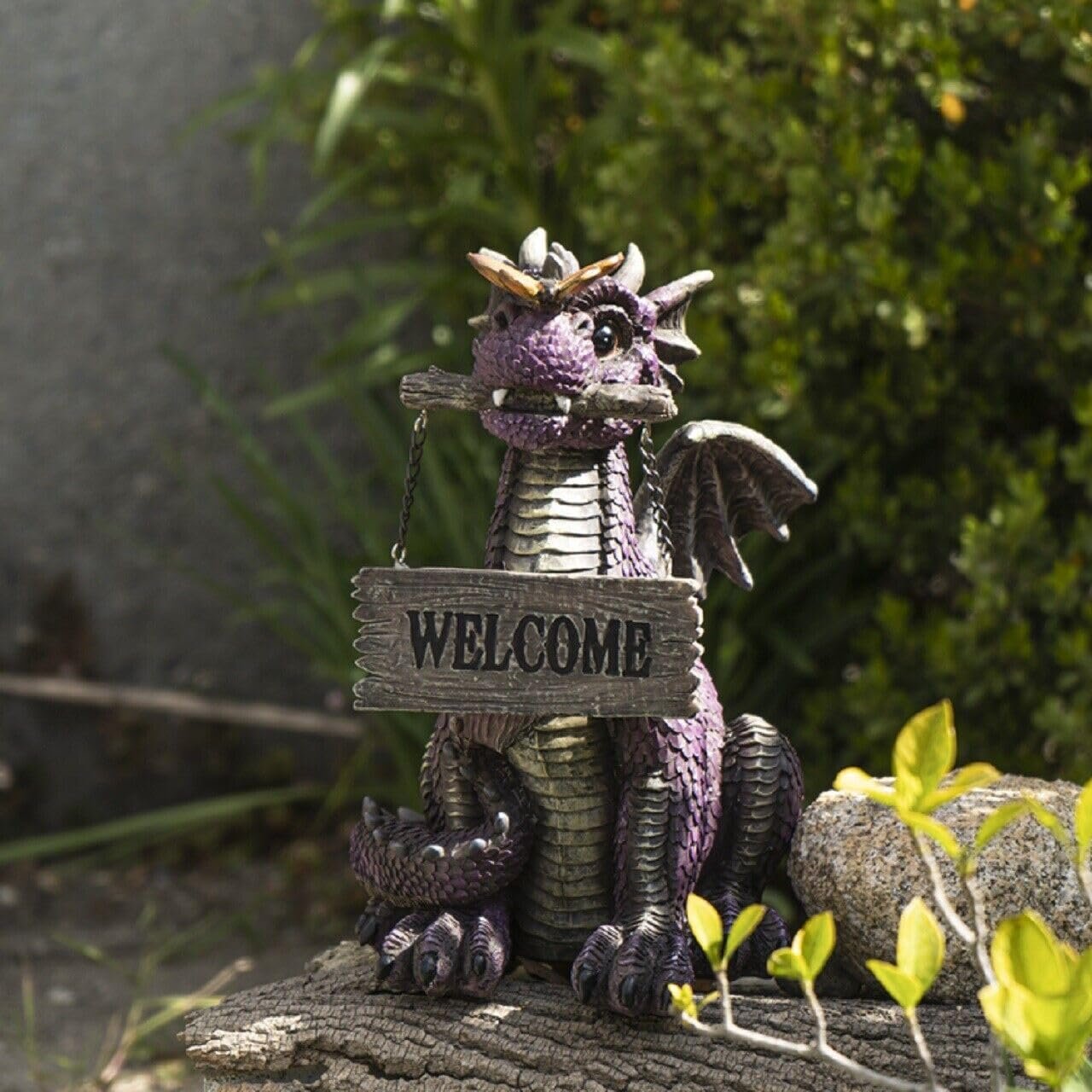 Pacific Trading Purple Dragon with Welcome Sign Figurine 9.8 Inch