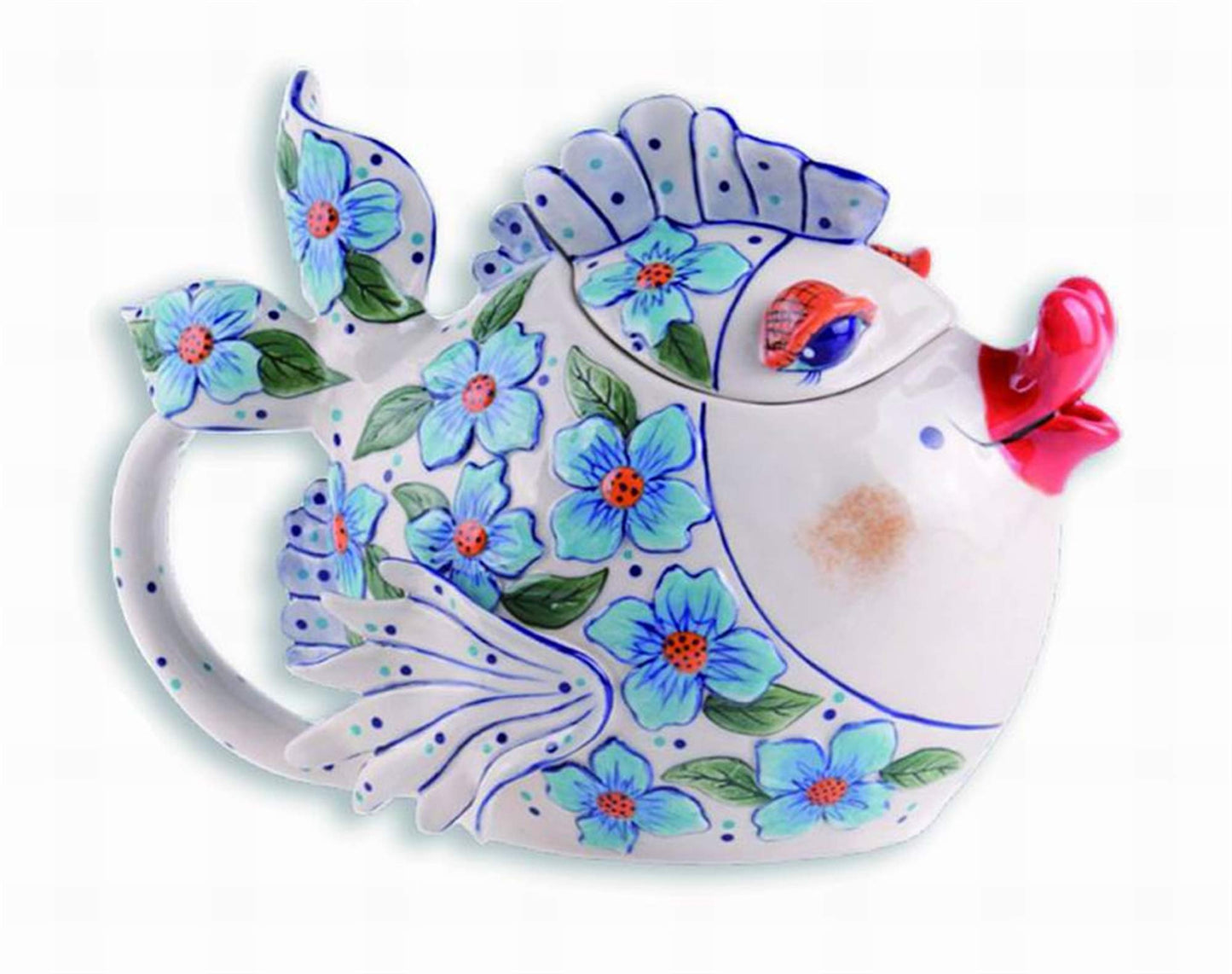 Blue Sky Clayworks 13430 Blue Flower Fish Teapot, 7-inch Height