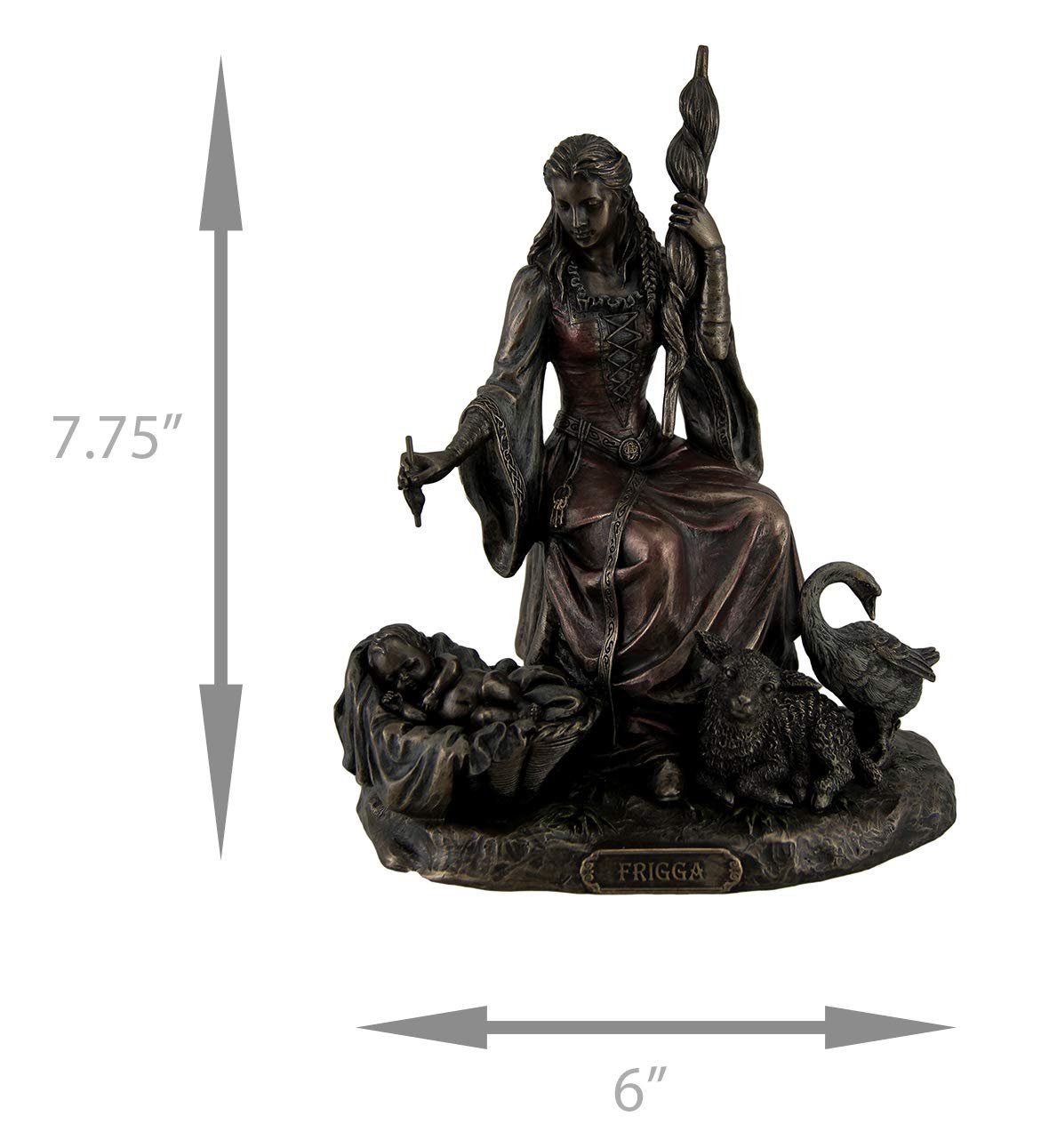 Resin Statues Frigga Norse Goddess Of Destiny Love And Marriage W/Infant Animals & Spindle 6 X 7.75 X 4.5 Inches Bronze