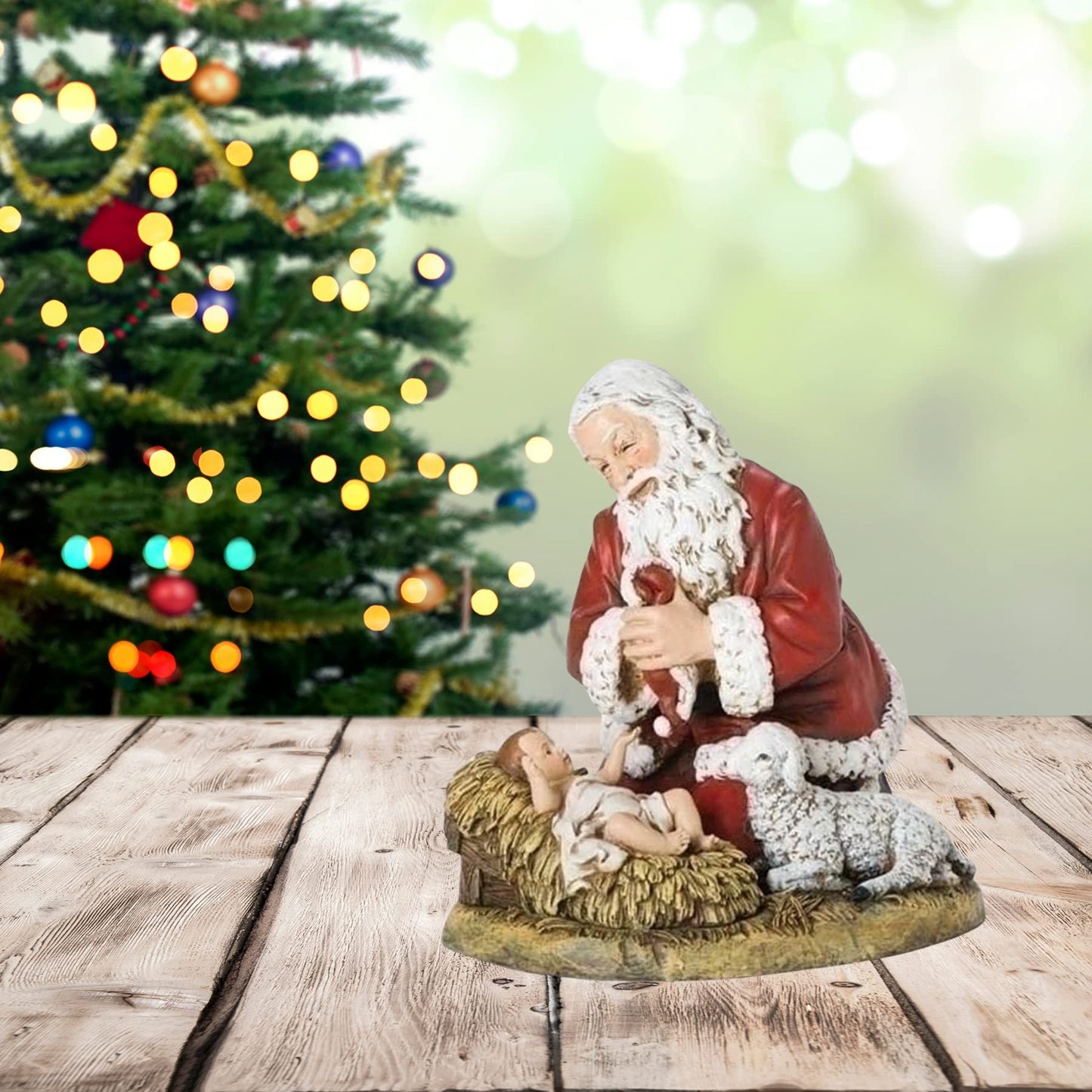 Joseph's Studio by Roman, Christmas Santa Collection, 13" H Kneeling Santa W/Lamb FIG, Home Décor, Devout Gift, Prayerful Inspiration (10x13x13)