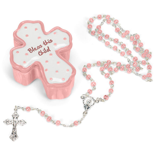 Roman Giftware Inc., Children's Gifts, New Baby, 0.75" H Bless Girl Box W/Rosary,Religious, Inspirational, Durable (2x2x2)