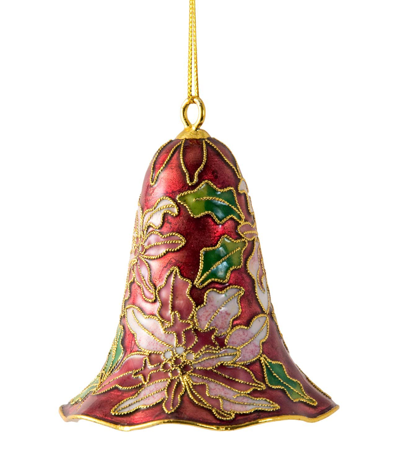 Value Arts Handmade Cloisonne Red Poinsettia Bell Ornament