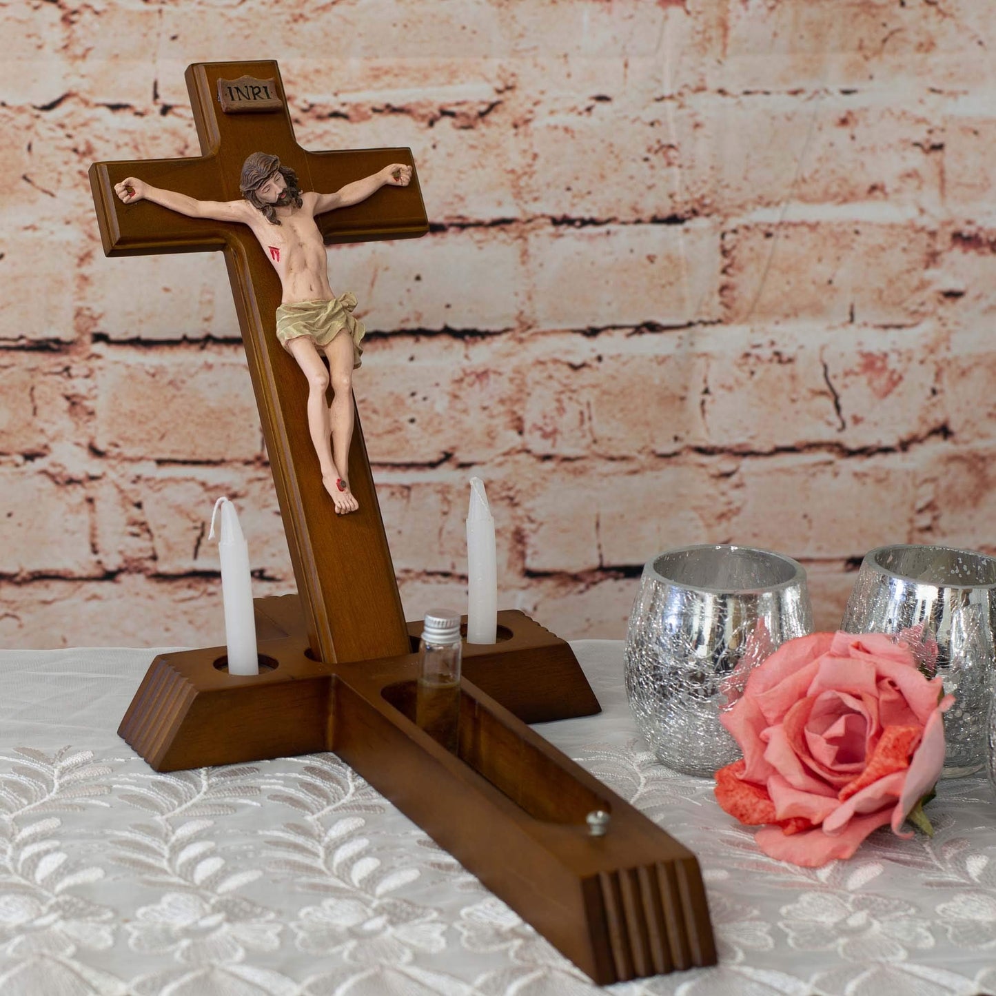 Roman - Sick Call Crucifix Set, 8.5 x 14 Resin Wall Crucifix with Candles and Mini Bottle, 4-Piece Set