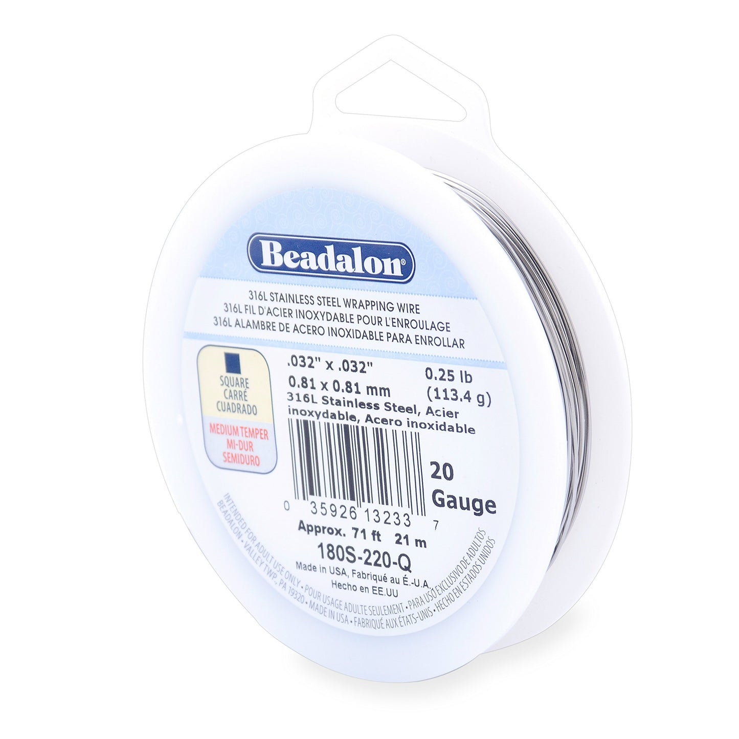 Beadalon 316L Stainless Steel Wrapping Wire, Square, 20 Gauge, 71 feet, 1/4 Pound