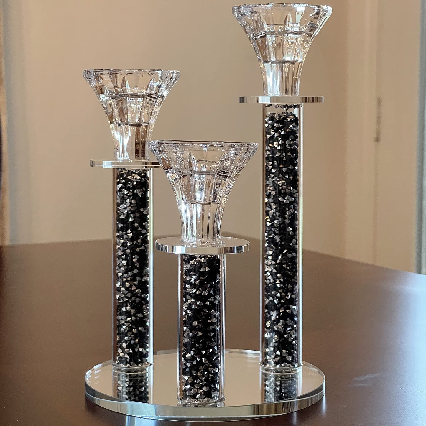 Allgala 9 Inch Tall 3-Pillar Filled with Diamond Like Stone Filled Crystal Candlesticks with Mirror Base