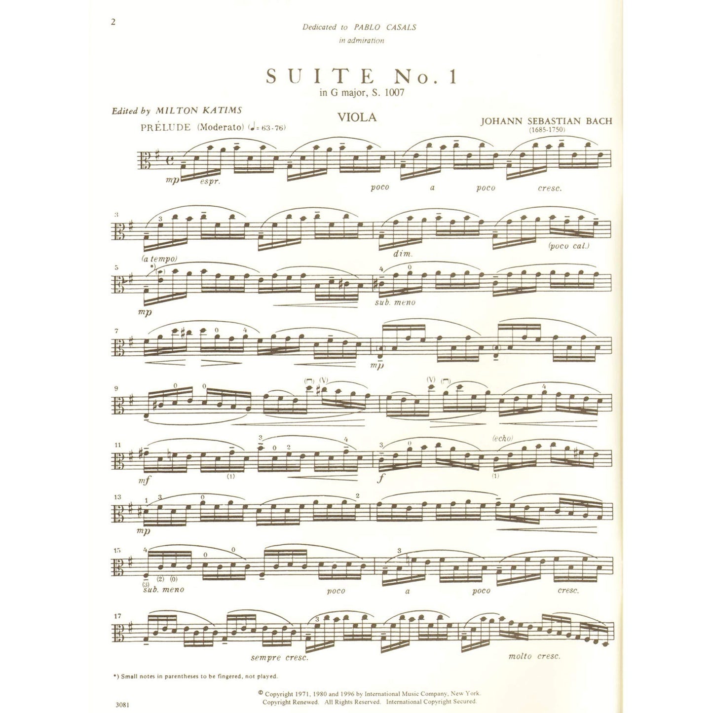 Bach, J.S. - 6 Cello Suites, BWV 1007-1012 - Viola solo - by Milton Katims - International