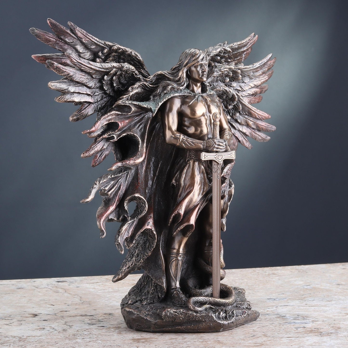 Unicorn Studio WU75976A4 Guardian Angel Statue in 6 Winged with Sword and Serpent, 11-inch Cold Cast Bronze