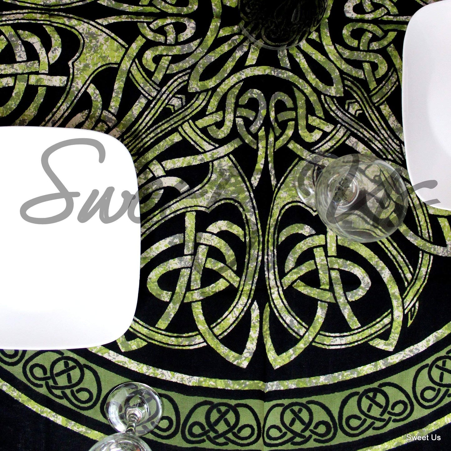 India Arts Celtic Circular Knot Print Cotton Tablecloth Rectangle 70x104 inches Black Green