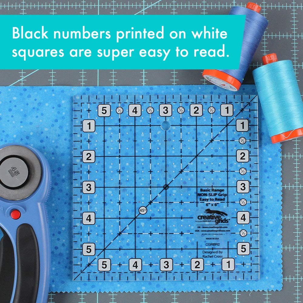 Creative Grids Basic Range 6in x 6in Square Quilt Ruler – CGRBR2 – Made in USA, Non-Slip Grip Acrylic Quilting, Sewing, Crafting, Patchwork Ruler for Measuring & Cutting Fabric