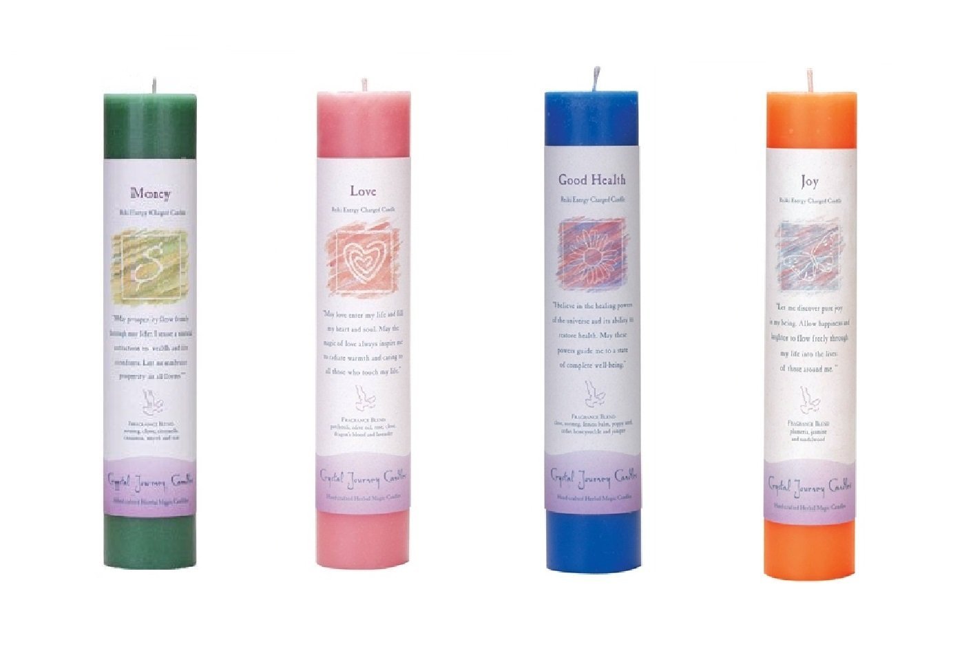 Crystal Journey Reiki Charged Herbal Magic Pillar Candle with Inspirational Labels - Bundle of 4 (Money, Love, Good Health, Joy) Each 7"x1.5" Handcrafted with Lead-Free Materials