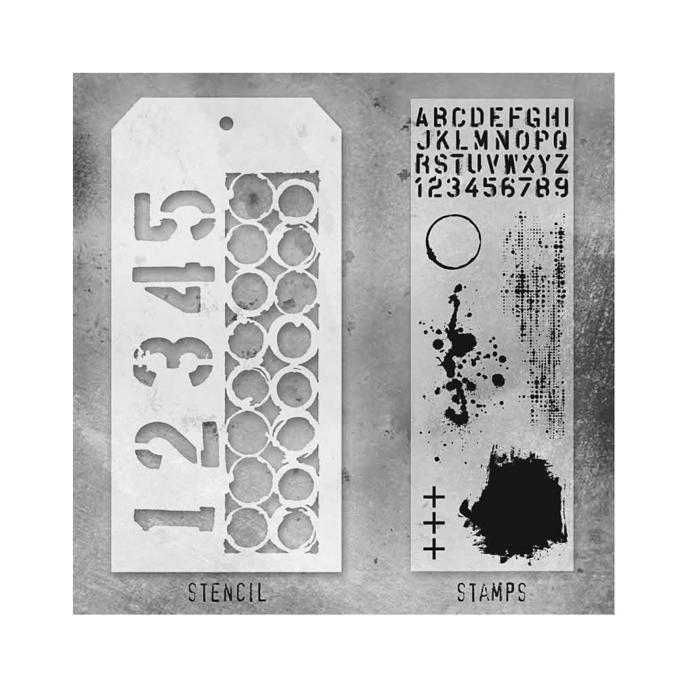 Tim Holtz Collection Stamper's Anonymous Tim Holtz Numbers Alphabet Textures Mixed Media Stamp and Stencil Set THMM122