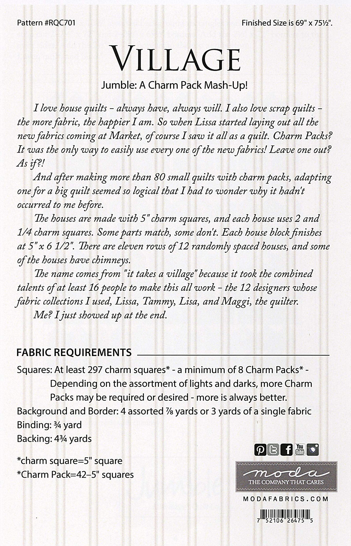 Village - Jumble: A Charm Pack mash-up! Quilt Pattern from Miss Rosie's Quilt Co. 69" x 75.5" - RQC701